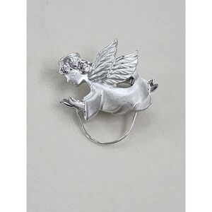 Vtg Angel Brooch Pin Badge Holder Silver Tone Satin Finish Beautifully Made 1½"